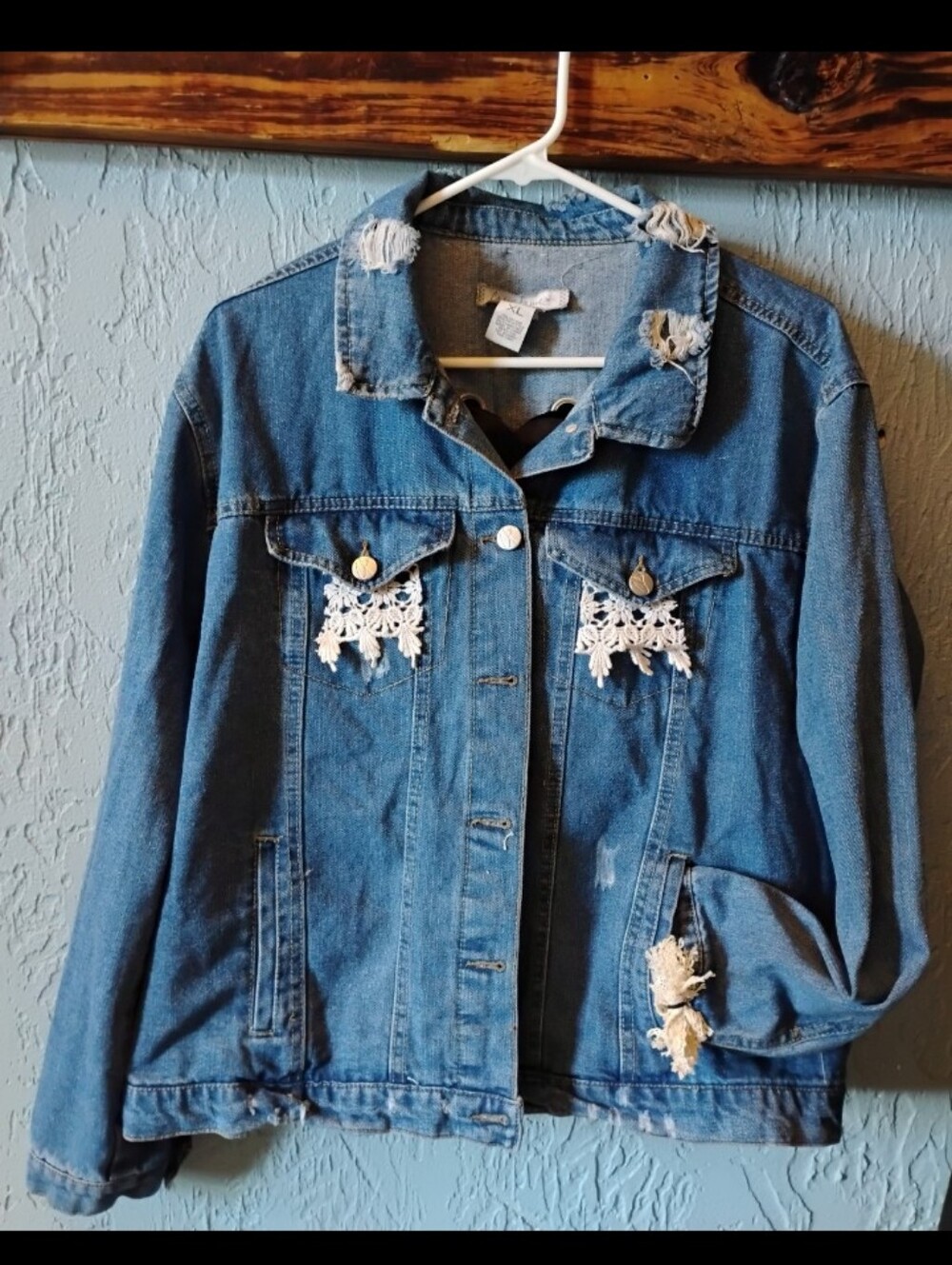 Upcycled/customized denim jacket/crochet/Ribbon.